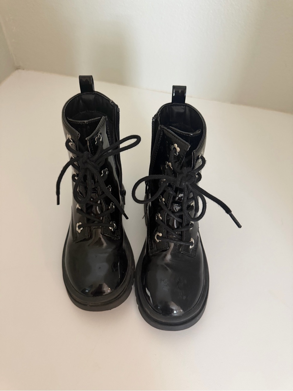 Kids Black bikercore Patent vegan leather Lace-Up Combat Boots with Side Zip